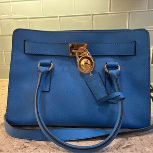 Michael Kors Blue Saffiano Leather Satchel with Gold Hardware